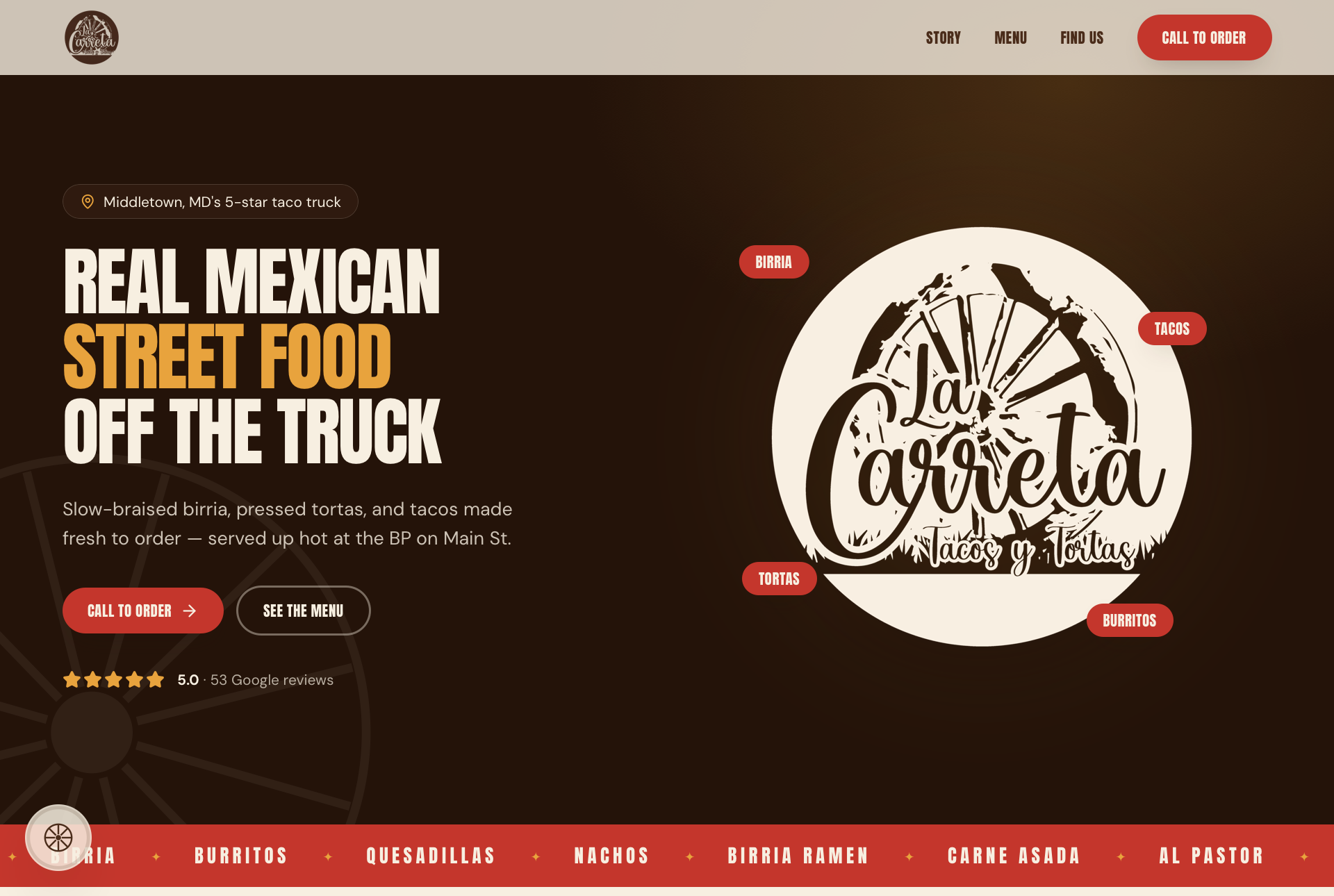 Homepage of La Carreta Tacos y Tortas, a food-truck website built by Tarhunna Web