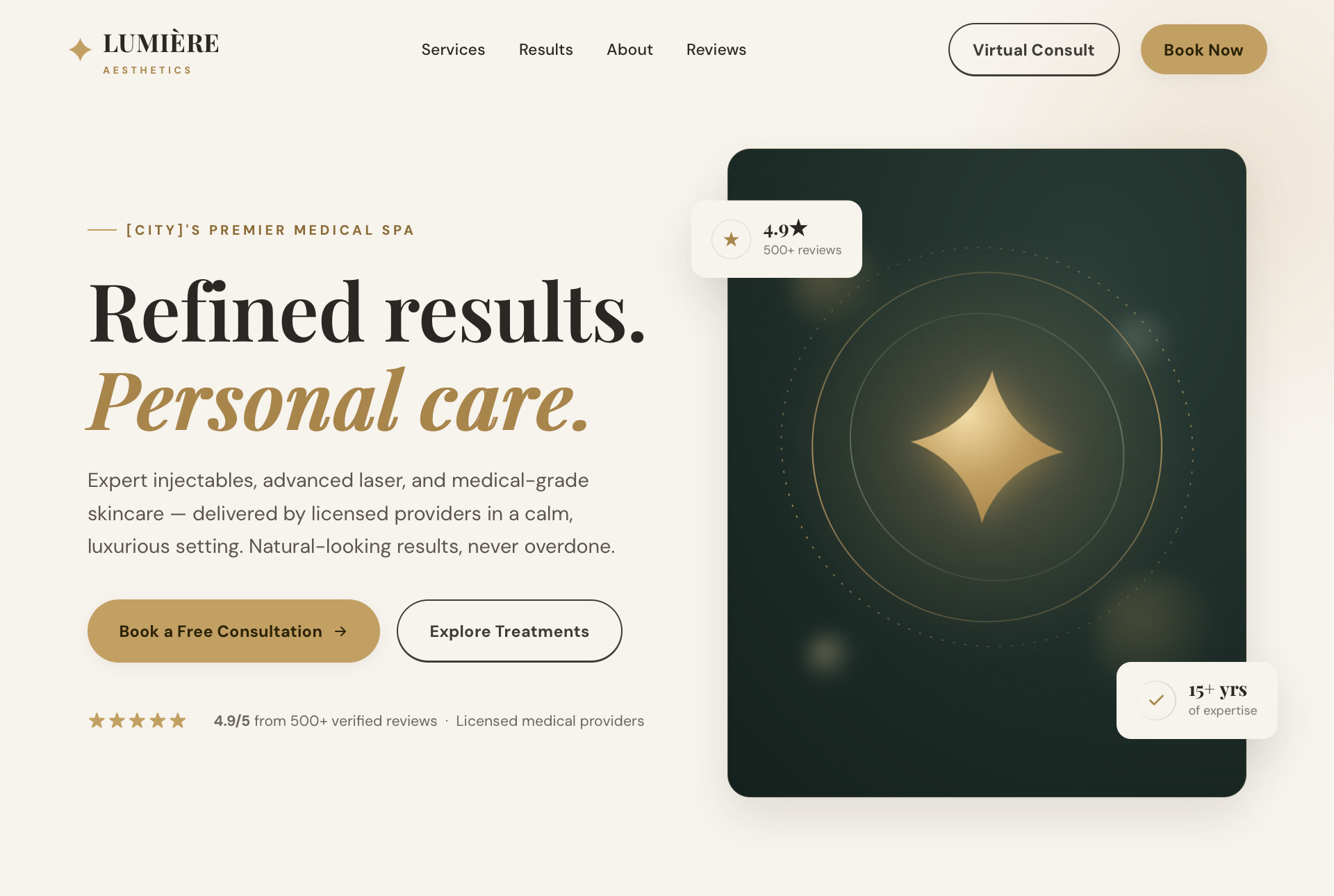 Homepage of LUMIÈRE Aesthetics, a med-spa website designed and built by Tarhunna Web